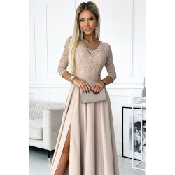 robe longue élégante avec décolleté et fente sur la jambe - beige
