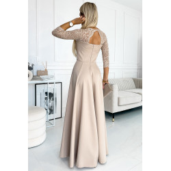 robe longue élégante avec décolleté et fente sur la jambe - beige