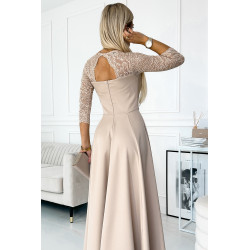 robe longue élégante avec décolleté et fente sur la jambe - beige