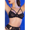 Ensemble lingerie 4 pièces en dentelle florale noire avec bas