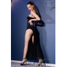 Robe longue noire asymétrique avec fente et string.