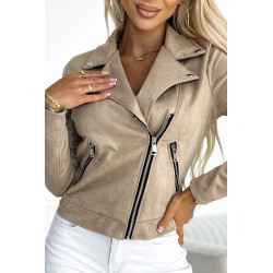 Veste en daim à manches longues avec fermetures éclair - beige