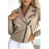 Veste en daim à manches longues avec fermetures éclair - beige