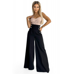 Pantalon large élégant à taille haute et boutons dorés - noir