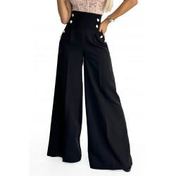 Pantalon large élégant à taille haute et boutons dorés - noir