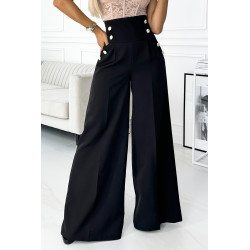 Pantalon large élégant à taille haute et boutons dorés - noir
