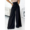 Pantalon large élégant à taille haute et boutons dorés - noir