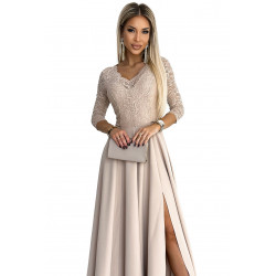 robe longue élégante avec décolleté et fente sur la jambe - beige
