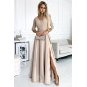 robe longue élégante avec décolleté et fente sur la jambe - beige