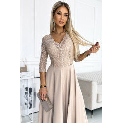 robe longue élégante avec décolleté et fente sur la jambe - beige